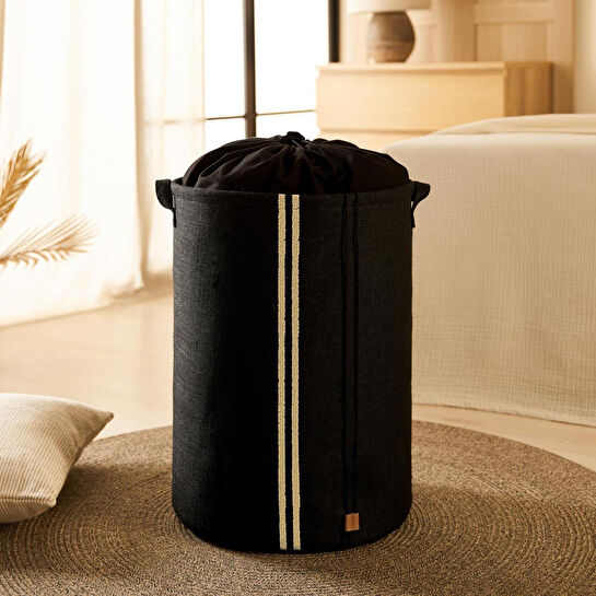 Ocean Home Textile Ağzı Büzgülü Çizgili Siyah Renk Jüt Çamaşır Sepeti 40 X 55 Cm