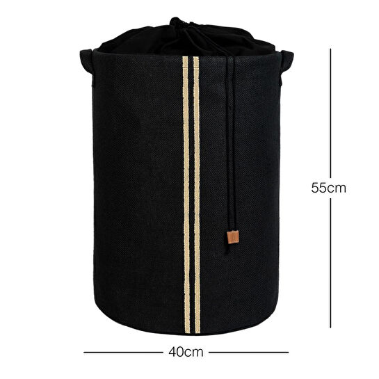 Ocean Home Textile Ağzı Büzgülü Çizgili Siyah Renk Jüt Çamaşır Sepeti 40 X 55 Cm