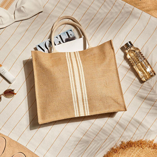 Ocean Home Textile Çizgili Jüt Çanta 42 X 35 X 12 Cm