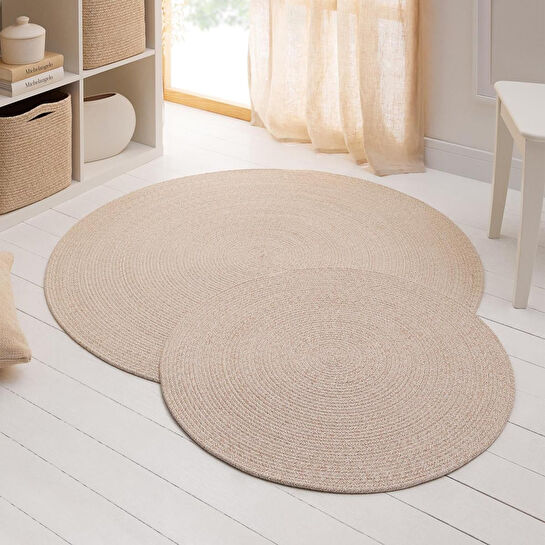 Ocean Home Textile Yıkanabilir Bej Kırçıllı Pamuklu Halı Kilim Ø 120 Cm