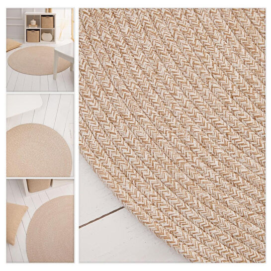 Ocean Home Textile Yıkanabilir Bej Kırçıllı Pamuklu Halı Kilim Ø 120 Cm