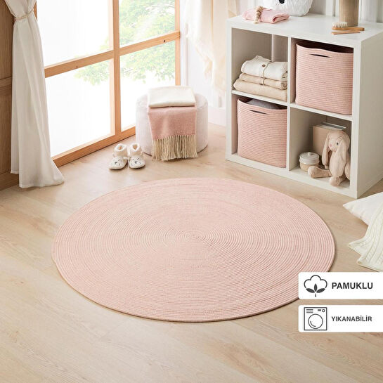 Ocean Home Textile Yıkanabilir Pembe Kırçıllı Pamuklu Halı Kilim Ø 120 Cm