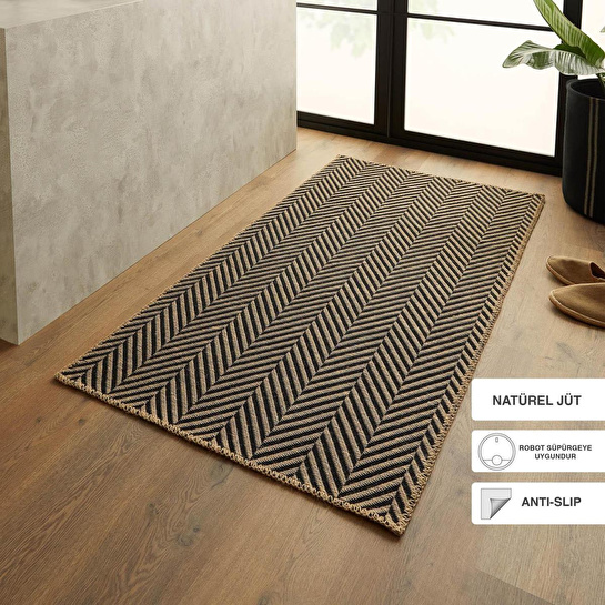 Ocean Home Textile Siyah Renk Balıksırtı Jüt Halı Kilim 80 X 150 Cm