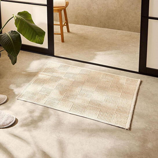 Ocean Home Textile Yıkanabilir Pamuklu Ekru Renk Dama Desen Banyo Paspası 60 X 90 Cm
