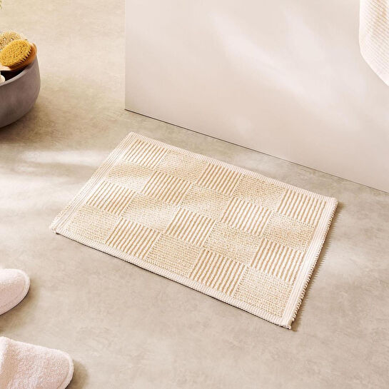 Ocean Home Textile Yıkanabilir Pamuklu Ekru Renk Dama Desen Banyo Paspası 40 X 60 Cm