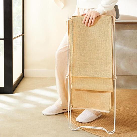 Ocean Home Textile Katlanabilir Bölmeli Beyaz Metal Destekli Naturel Jüt Çamaşır Sepeti 44 X 29.5 X 63 Cm