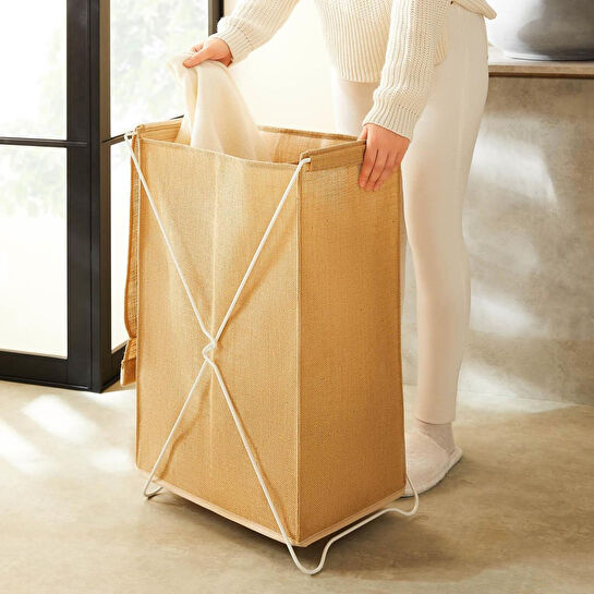 Ocean Home Textile Katlanabilir Bölmeli Beyaz Metal Destekli Naturel Jüt Çamaşır Sepeti 44 X 29.5 X 63 Cm