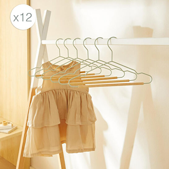 Ocean Home Textile 12'li Ahşap Destekli Mat Mint Renk Kauçuk Kaplamalı Metal Çocuk Giysi Askısı 18 X 32 X 0.3 Cm