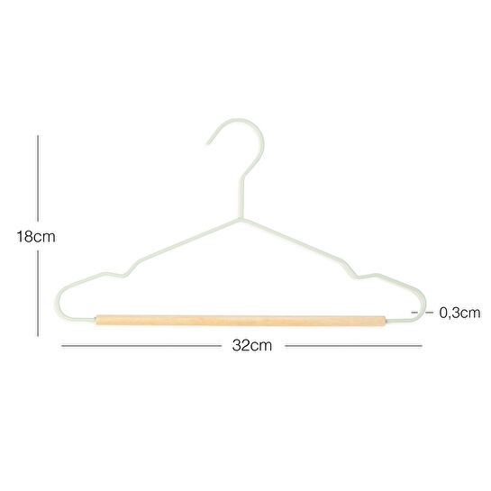 Ocean Home Textile 12'li Ahşap Destekli Mat Mint Renk Kauçuk Kaplamalı Metal Çocuk Giysi Askısı 18 X 32 X 0.3 Cm