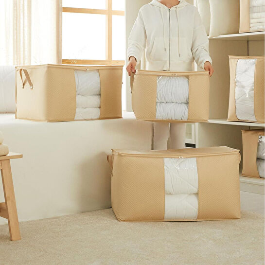 Ocean Home Textile 3'lü Pvc Pencereli Bej Balıksırtı Hurç Set