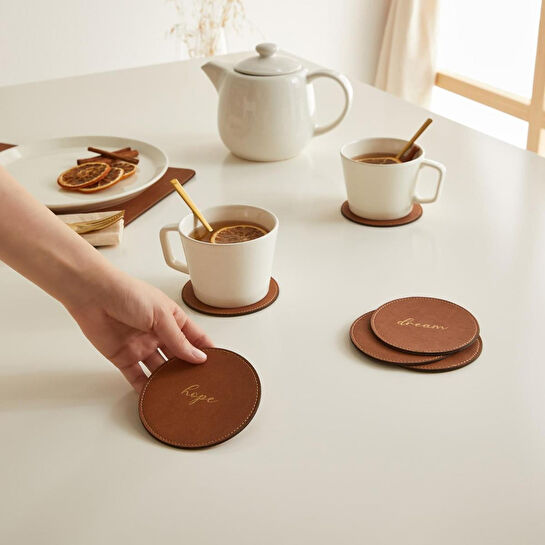 Ocean Home Textile 6'lı Taba Renk Deri Bardak Altlığı Ø 10 Cm