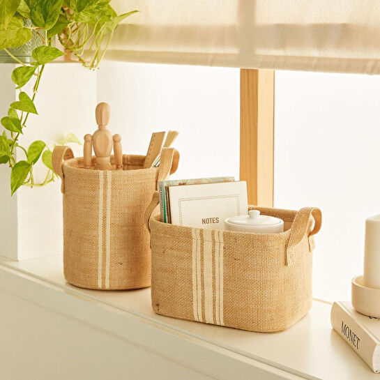 Ocean Home Textile 2'li Çizgili Jüt Sepet Set 1 Adet 20 X 20 / 1 Adet 24 X 17 X 14 Cm