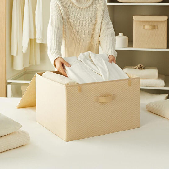 Ocean Home Textile Bej Balıksırtı Kapaklı Kutu 48 X 40 X 30 Cm