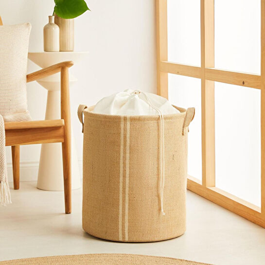 Ocean Home Textile Ağzı Büzgülü Çizgili Jüt Çamaşır Sepeti 36 X 40 Cm