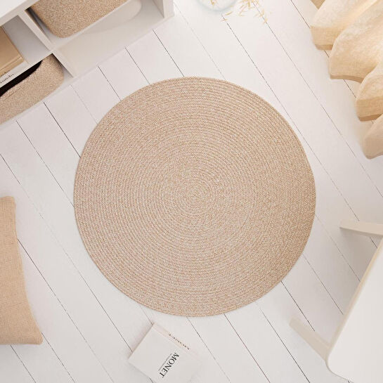 Ocean Home Textile Yıkanabilir Bej Kırçıllı Pamuklu Halı Kilim Ø 80 Cm