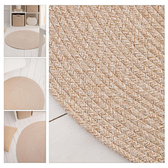 Ocean Home Textile Yıkanabilir Bej Kırçıllı Pamuklu Halı Kilim Ø 80 Cm
