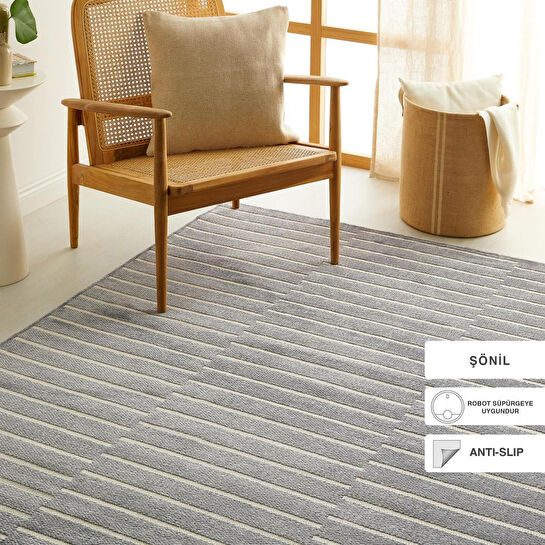 Ocean Home Textile Gri Renk Çizgi Desenli Şönil Halı Kilim 160 X 230 Cm