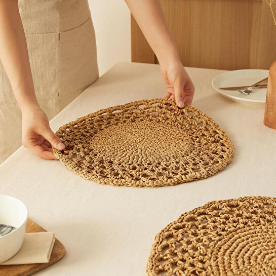 Home Wave Ocean Home Textile 2'li Bej Renk Motifli Rafya Amerikan Servis Ø 36 Cm