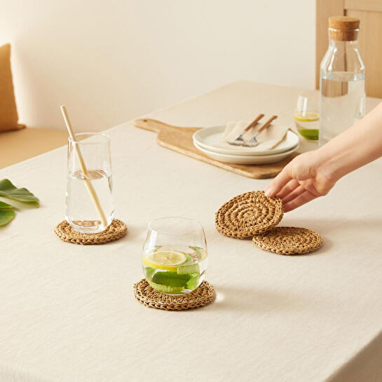 Ocean Home Textile 4'lü Bej Renk Rafya Bardak Altlığı Ø 11 Cm