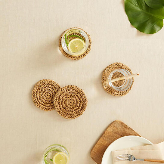 Ocean Home Textile 4'lü Bej Renk Rafya Bardak Altlığı Ø 11 Cm