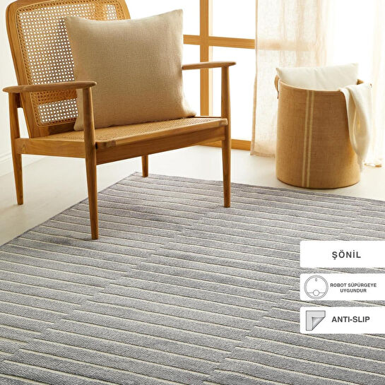 Ocean Home Textile Gri Renk Çizgi Desenli Şönil Halı Kilim 120 X 180 Cm