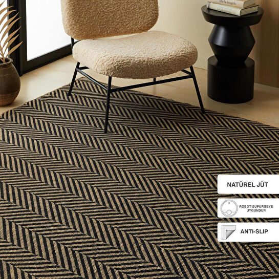 Ocean Home Textile Siyah Renk Balıksırtı Jüt Halı Kilim 120 X 180 Cm