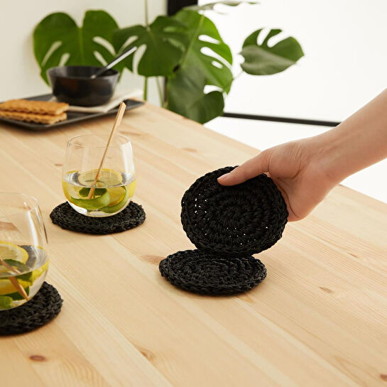 Ocean Home Textile 4'lü Siyah Renk Rafya Bardak Altlığı Ø 11 Cm