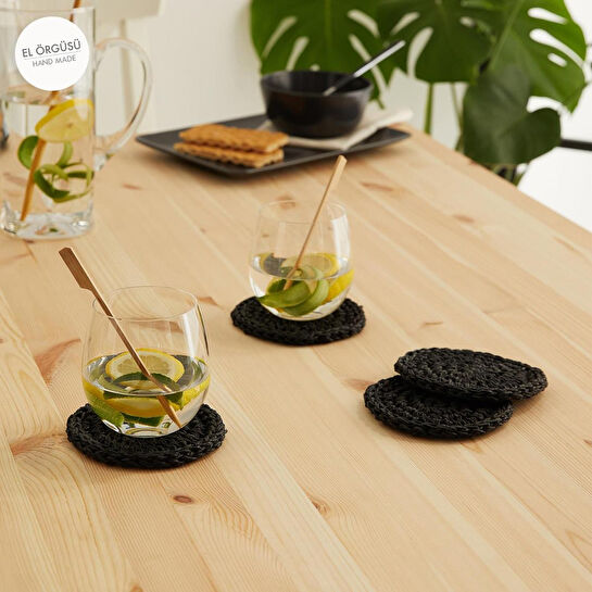 Ocean Home Textile 4'lü Siyah Renk Rafya Bardak Altlığı Ø 11 Cm