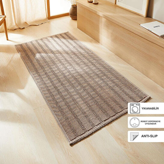 Ocean Home Textile Yıkanabilir Pamuklu Bej Renk Çizgi Desen Kilim 120 X 180 Cm