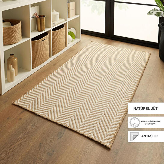 Ocean Home Textile Ekru Renk Balıksırtı Jüt Halı Kilim 80 X 150 Cm