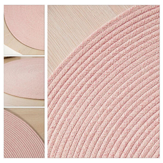 Ocean Home Textile Yıkanabilir Pembe Kırçıllı Pamuklu Halı Kilim Ø 80 Cm