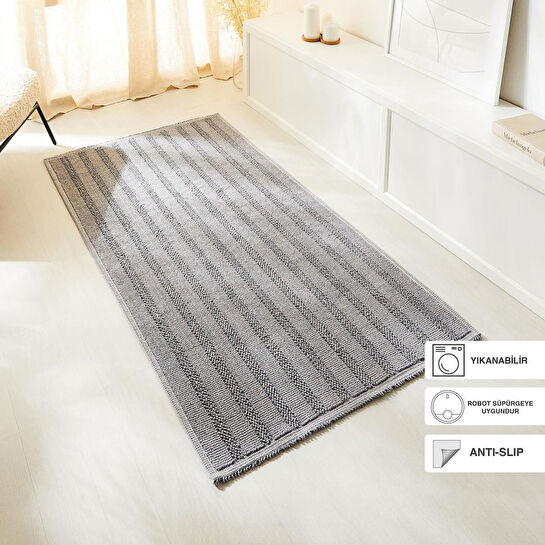 Ocean Home Textile Yıkanabilir Pamuklu Gri Renk Çizgi Desen Kilim 120 X 180 Cm