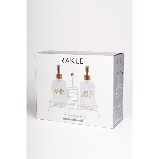 Rakle Pure Beyaz Metal Ahşap Kulplu Stand 2'li Sıvı Sabunluk Seti 420 Cc