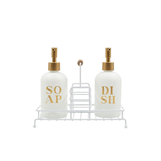 Rakle Stark Beyaz Metal Ahşap Kulplu Stand 2'li Sıvı Sabunluk Seti Beyaz 420 Cc