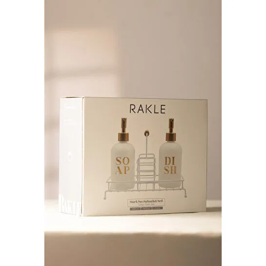 Rakle Stark Beyaz Metal Ahşap Kulplu Stand 2'li Sıvı Sabunluk Seti Beyaz 420 Cc