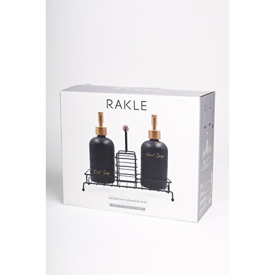 Rakle Bright Siyah Metal Ahşap Kulplu Stand 2'li Sıvı Sabunluk Seti Siyah 420 Cc