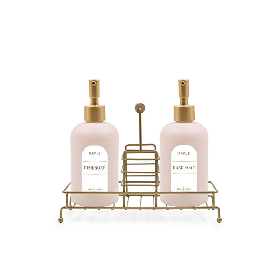 Rakle Poudre Gold Metal Ahşap Kulplu Stand 2'li Sıvı Sabunluk Seti Pembe 420 Cc