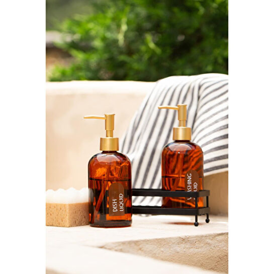 Rakle Neo Siyah Metal Kare Stantlı 2'li Sıvı Sabunluk Seti Amber 420 Cc