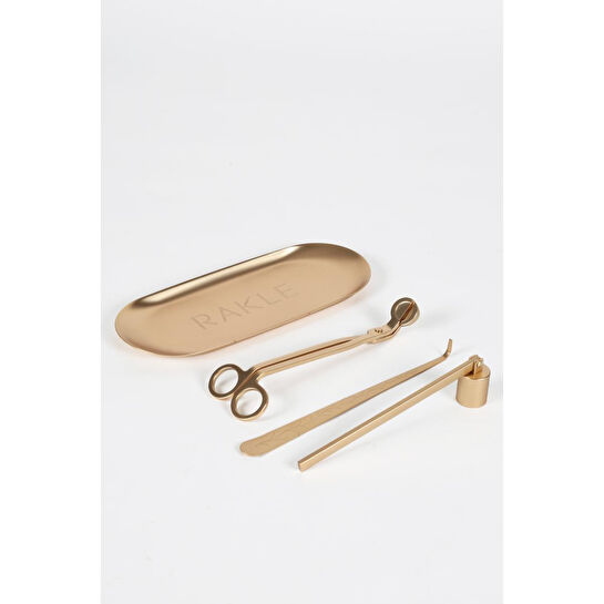 Rakle Mum Bakım Seti Makas Mum Söndürücü 4 Parça Gold