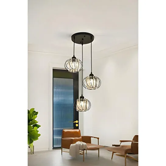 Luna Lighting Venezia Model Siyah Renk Taşlı Dekoratif Üçlü Sarkıt Avize