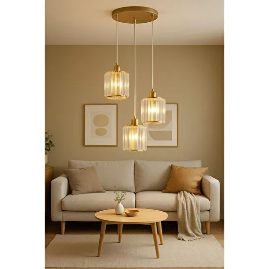 Luna Lighting Radiosa Gold Renk Kristal Taşlı Üçlü Sarkıt Avize