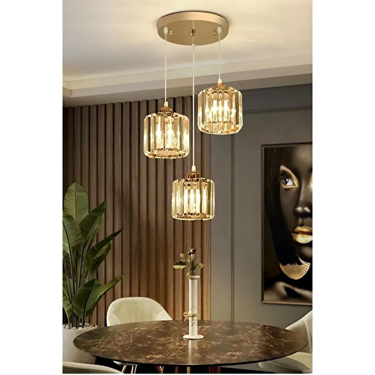 Luna Lighting Radiosa Gold Renk Kristal Taşlı Üçlü Sarkıt Avize