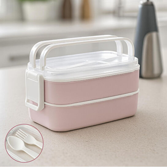 Vienev İki Katlı Saklama Kabı Ve Öğün Kabı – Çatal Kaşık Dahil Pembe