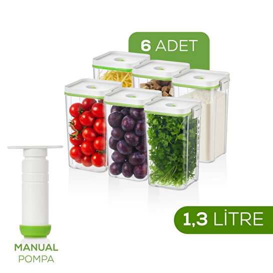 Vienev 7'li Vakumlu Saklama Kabı Seti | 6x 1,3 Litre Kap + Manuel Pompa