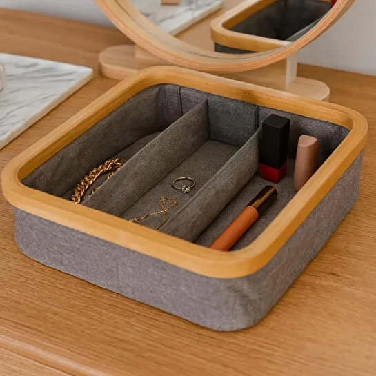 Vienev Ahşap Çerçeveli 3 Bölmeli Kumaş Makyaj Ve Kozmetik Organizer