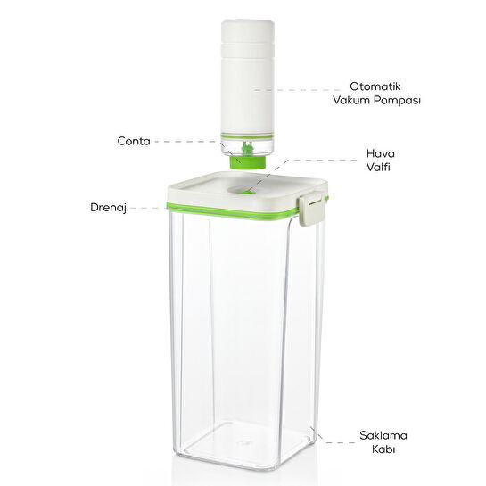 Vienev 13'lü Vakumlu Saklama Kabı Seti | 2x(2 Lt-1,3 Lt-0,5 Lt) Kap + Şarjlı Pompa + 6x Vakumlu Poşet