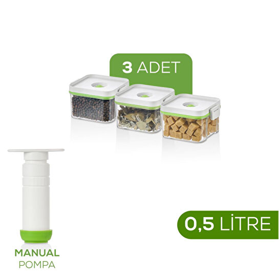 Vienev 4'lü Vakumlu Saklama Kabı Seti | 3x 0,5 Litre Kap + Manuel Pompa
