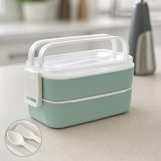 Vienev İki Katlı Saklama Kabı Ve Öğün Kabı – Çatal Kaşık Dahil Mint