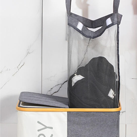 Vienev İki Bölmeli Çamaşır Sepeti - Çift File Torbalı