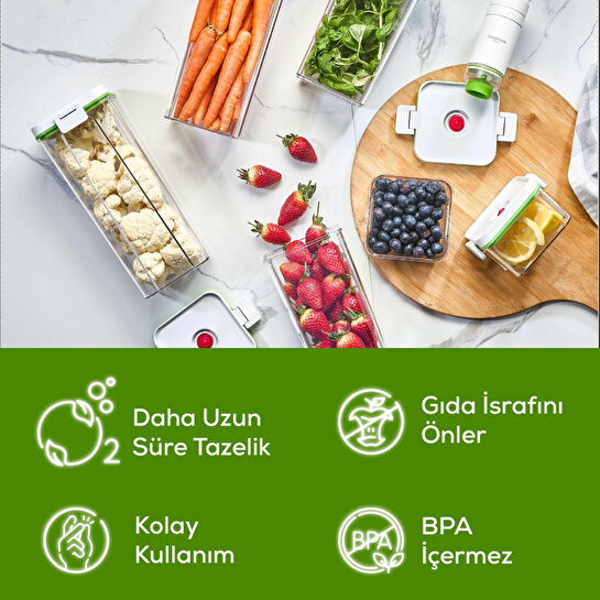 Vienev 8'li Vakumlu Saklama Kabı Seti | 1x(2 Lt-1,3 Lt) 2x(0,5 Lt) Kap + Şarjlı Pompa + 3x Vakumlu Poşet